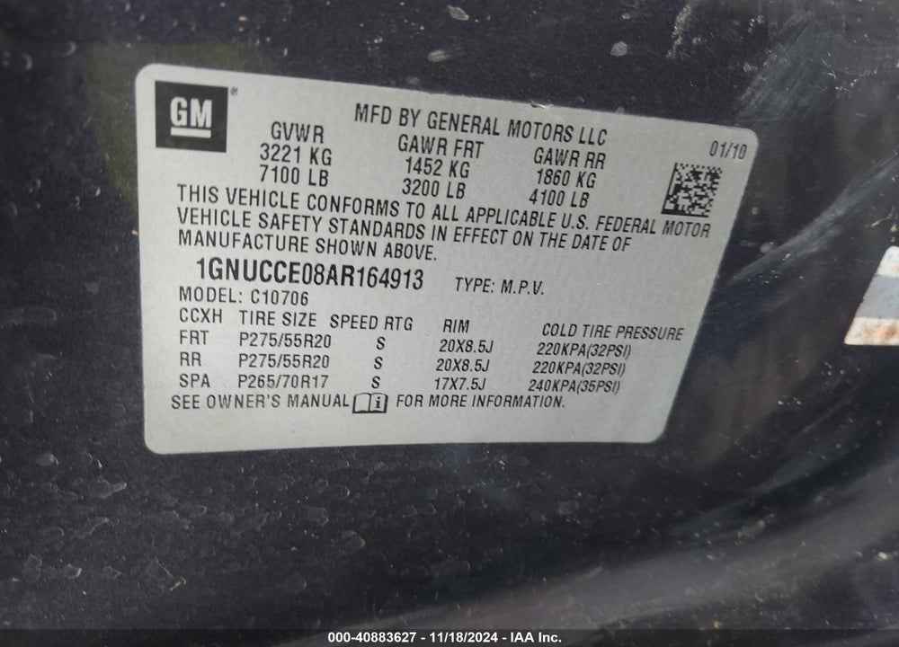 2010 CHEVROLET TAHOE LTZ VIN: 1GNUCCE08AR164913