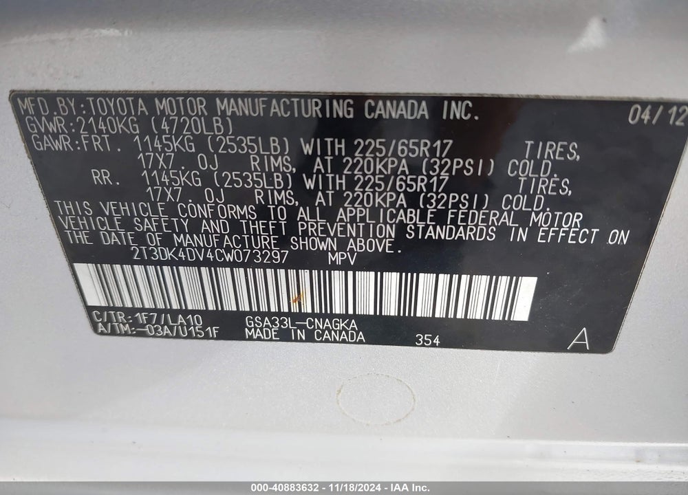 2012 TOYOTA RAV4 LIMITED V6 VIN: 2T3DK4DV4CW073297