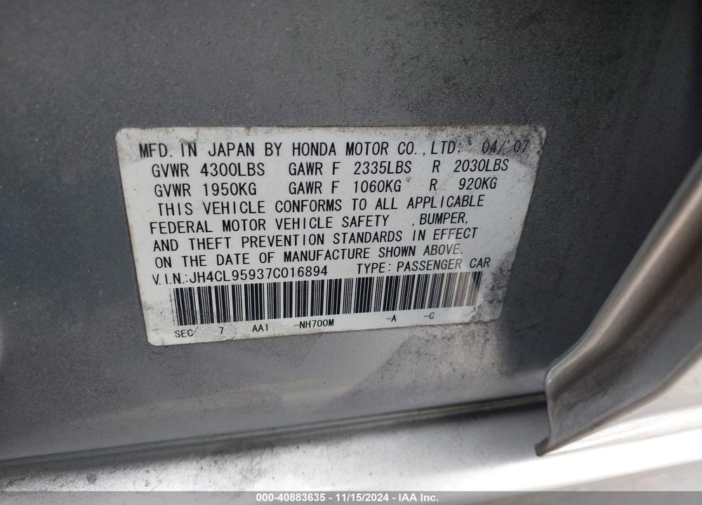 2007 ACURA TSX VIN: JH4CL95937C016894
