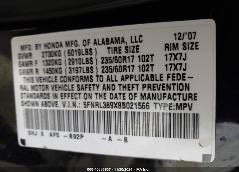 2008 HONDA ODYSSEY TOURING VIN: 5FNRL389X8B021566