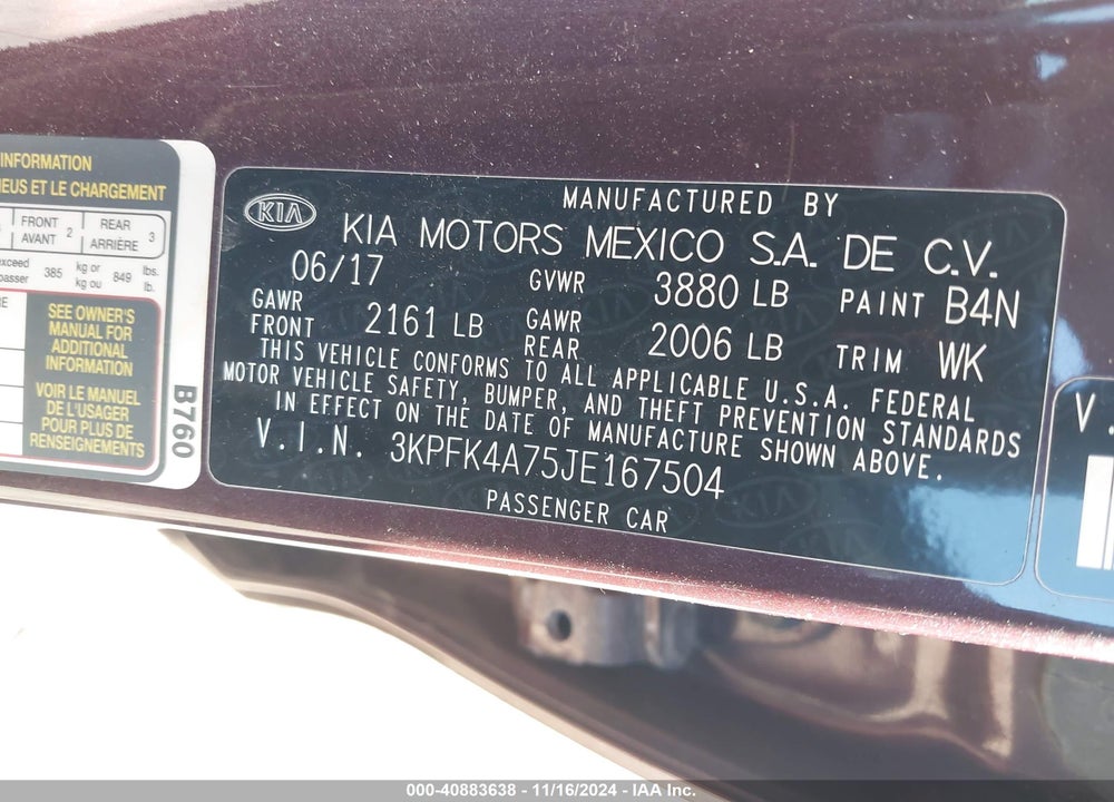 2018 KIA FORTE LX VIN: 3KPFK4A75JE167504
