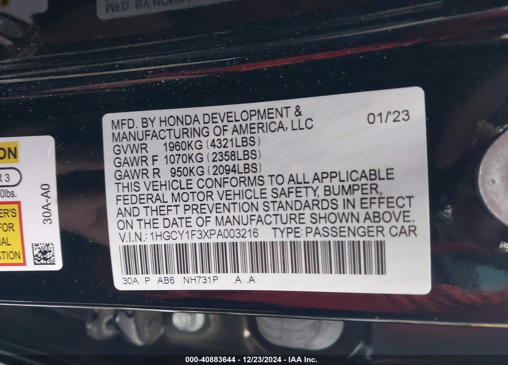 2023 HONDA ACCORD EX VIN: 1HGCY1F3XPA003216