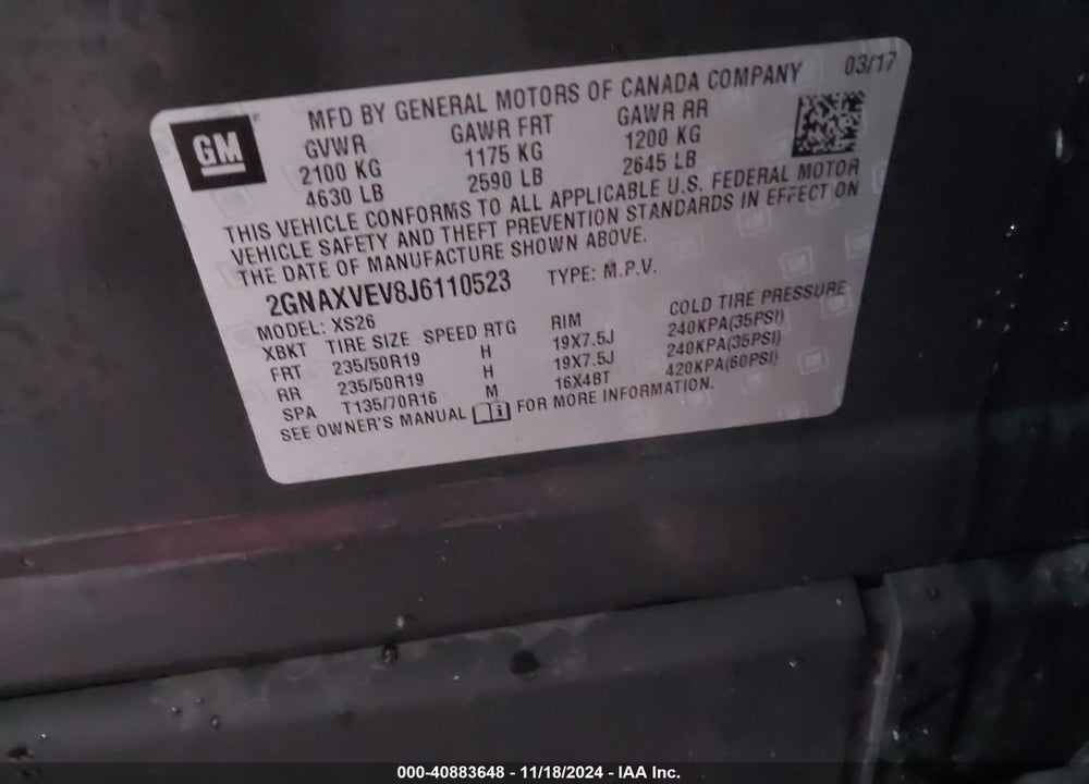 2018 CHEVROLET EQUINOX PREMIER VIN: 2GNAXVEV8J6110523