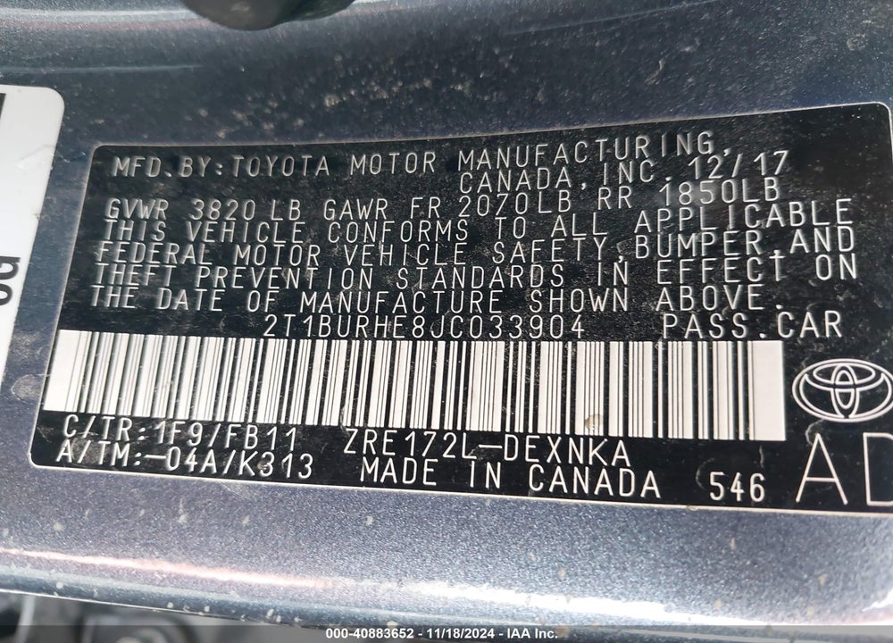 2018 TOYOTA COROLLA LE VIN: 2T1BURHE8JC033904