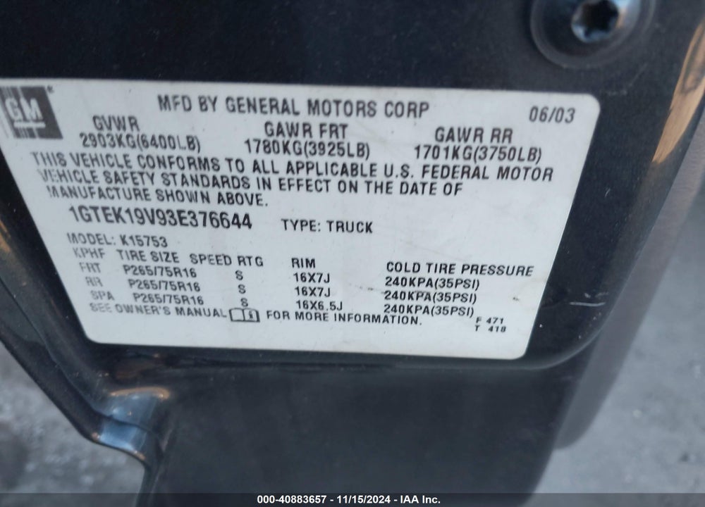 2003 GMC SIERRA 1500 SLE VIN: 1GTEK19V93E376644