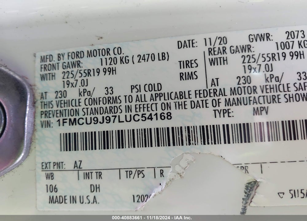 2020 FORD ESCAPE TITANIUM VIN: 1FMCU9J97LUC54168
