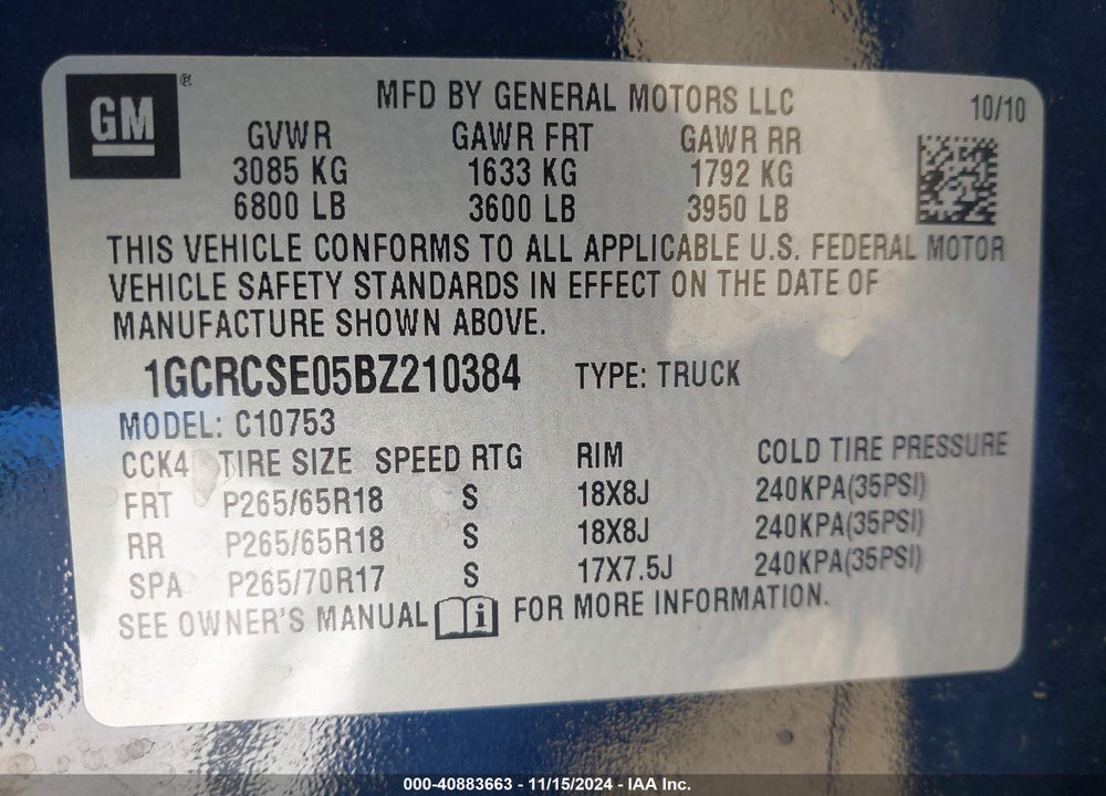 2011 CHEVROLET SILVERADO 1500 LT VIN: 1GCRCSE05BZ210384