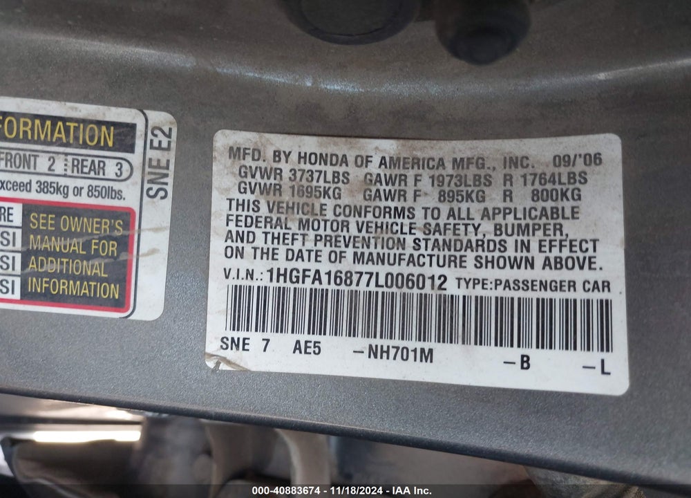 2007 HONDA CIVIC EX VIN: 1HGFA16877L006012