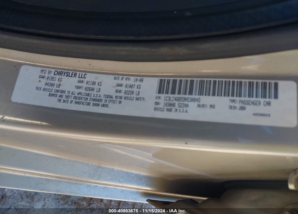 2009 CHRYSLER SEBRING LX VIN: 1C3LC46B59N530845