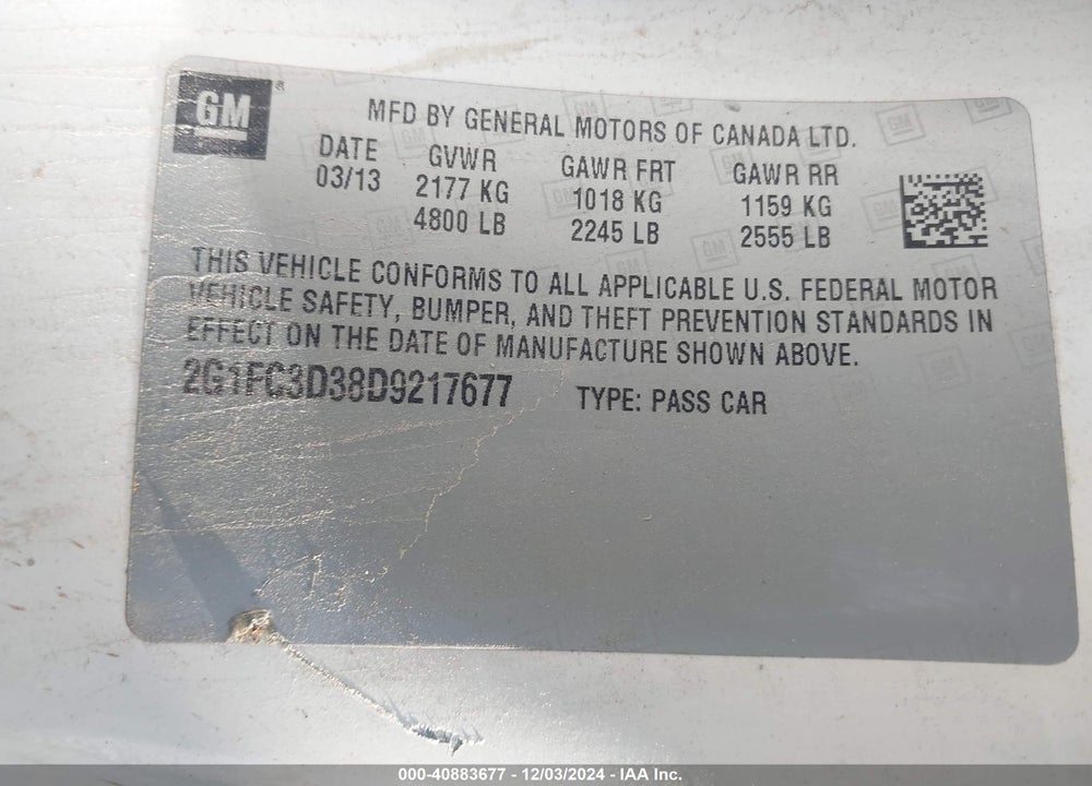 2013 CHEVROLET CAMARO 2LT VIN: 2G1FC3D38D9217677