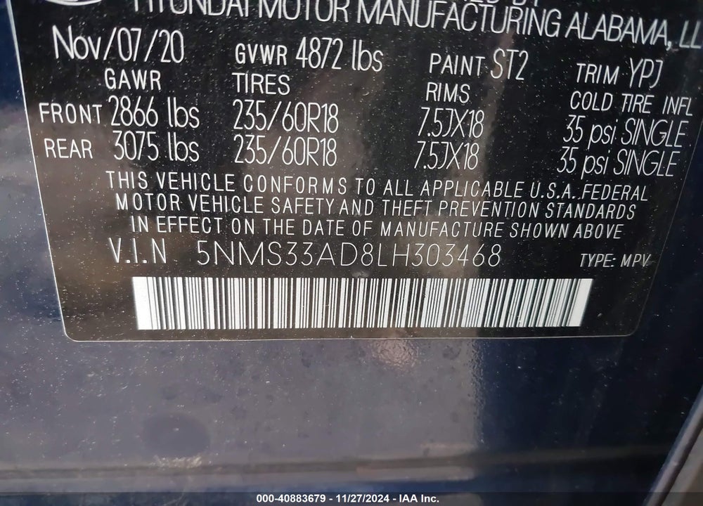 2020 HYUNDAI SANTA FE SEL VIN: 5NMS33AD8LH303468