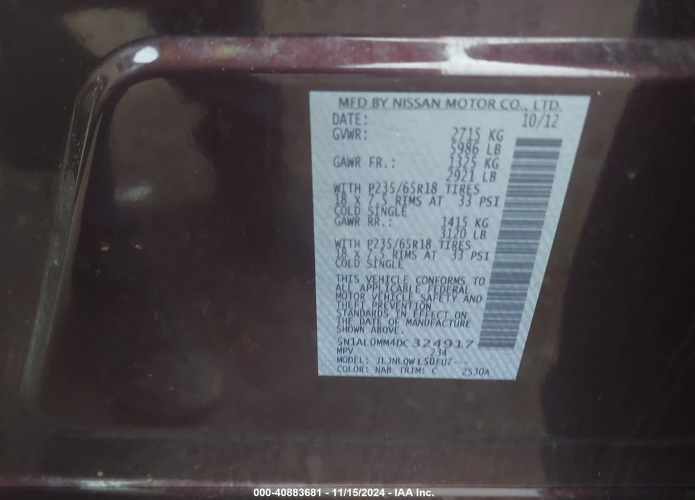 2013 INFINITI JX35 VIN: 5N1AL0MM4DC324917