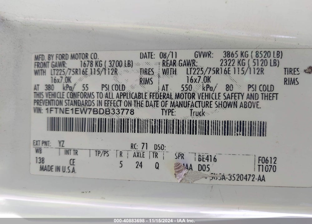 2011 FORD E-150 COMMERCIAL VIN: 1FTNE1EW7BDB33778