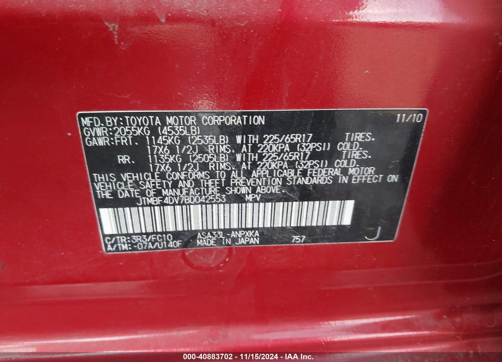 2011 TOYOTA RAV4 VIN: JTMBF4DV7BD042553