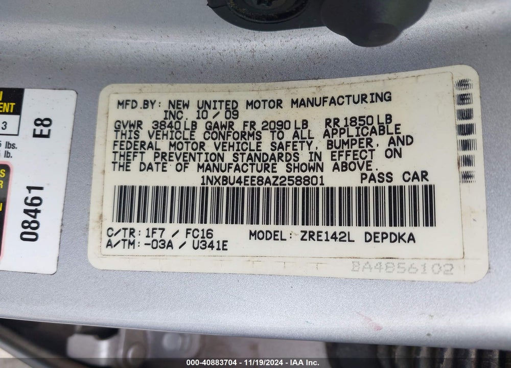 2010 TOYOTA COROLLA LE VIN: 1NXBU4EE8AZ258801