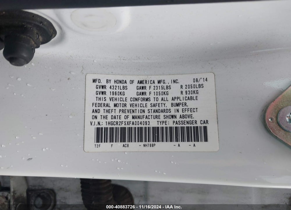 2015 HONDA ACCORD SPORT VIN: 1HGCR2F5XFA004093
