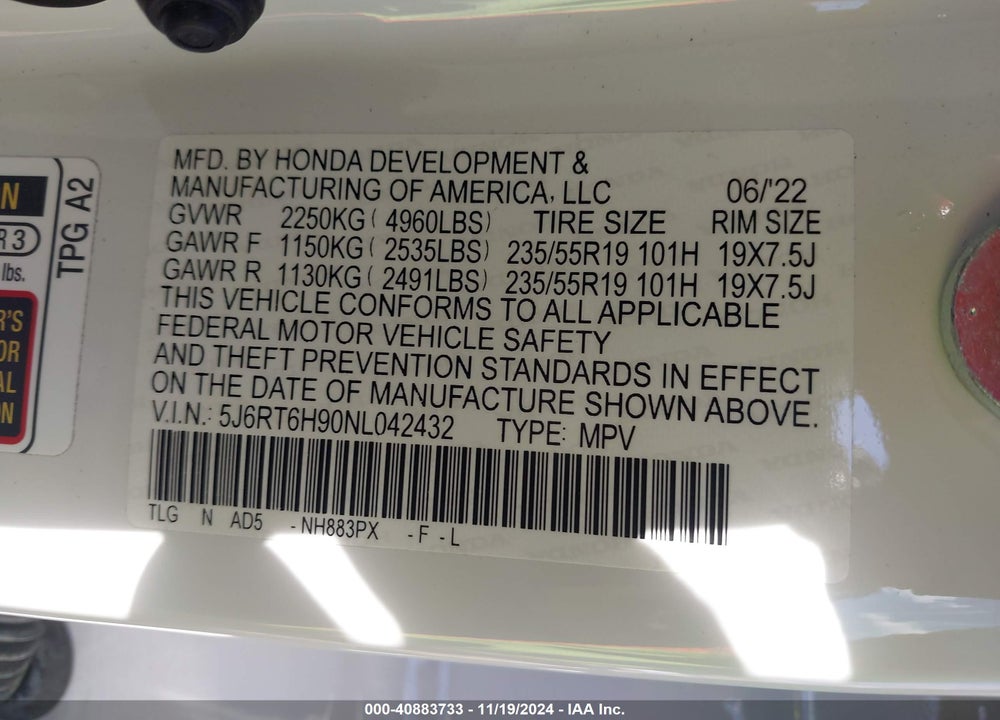 2022 HONDA CR-V HYBRID TOURING VIN: 5J6RT6H90NL042432