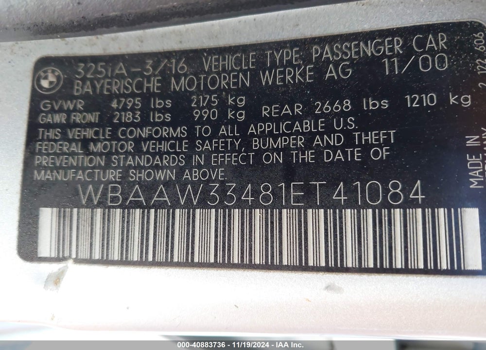 2001 BMW 325I VIN: WBAAW33481ET41084