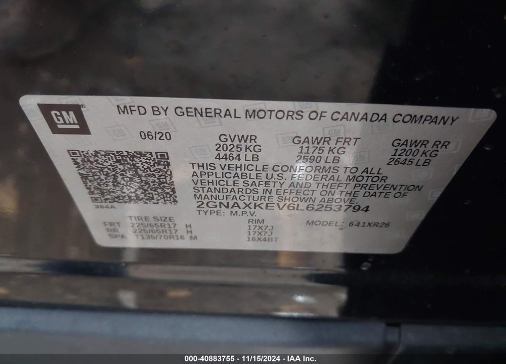 2020 CHEVROLET EQUINOX FWD LT 1.5L TURBO VIN: 2GNAXKEV6L6253794