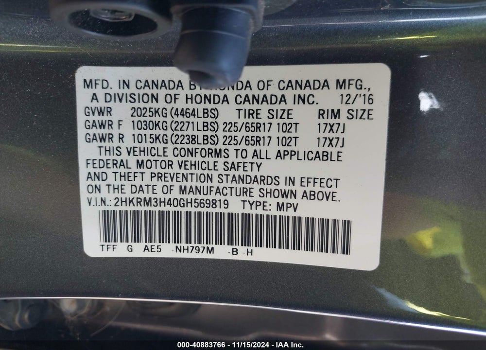 2016 HONDA CR-V SE VIN: 2HKRM3H40GH569819