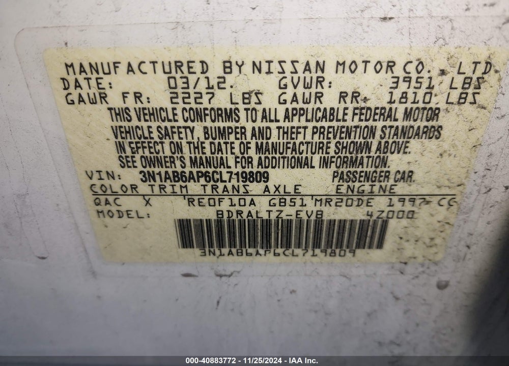 2012 NISSAN SENTRA 2.0 SR VIN: 3N1AB6AP6CL719809