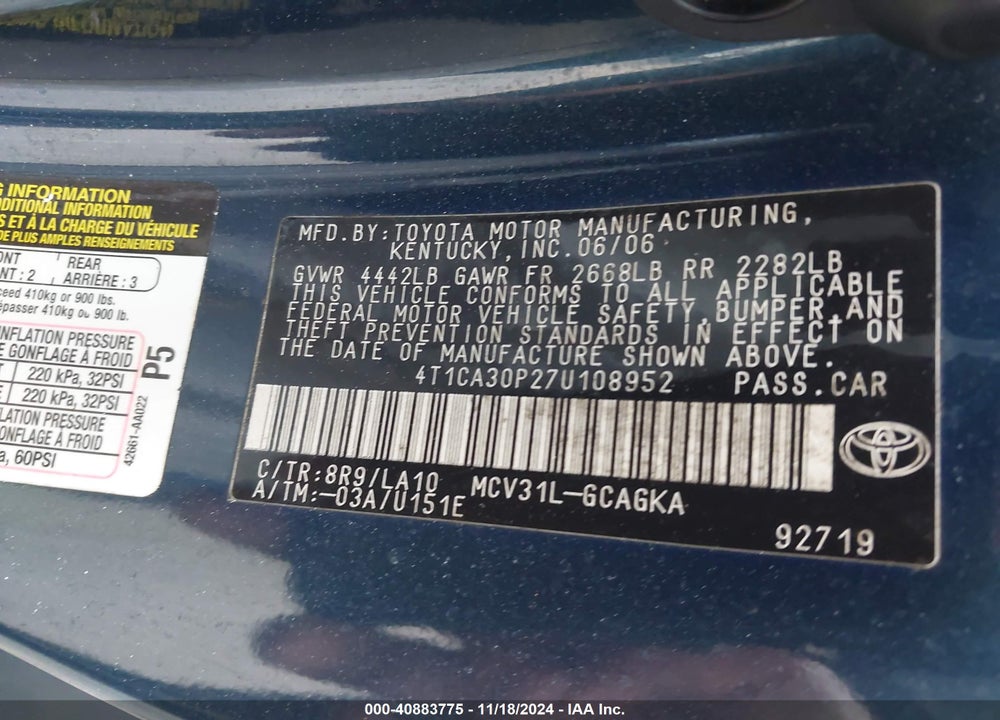 2007 TOYOTA CAMRY SOLARA SLE V6 VIN: 4T1CA30P27U108952
