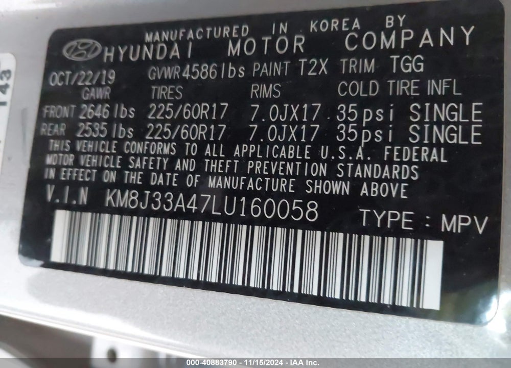 2020 HYUNDAI TUCSON VALUE VIN: KM8J33A47LU160058
