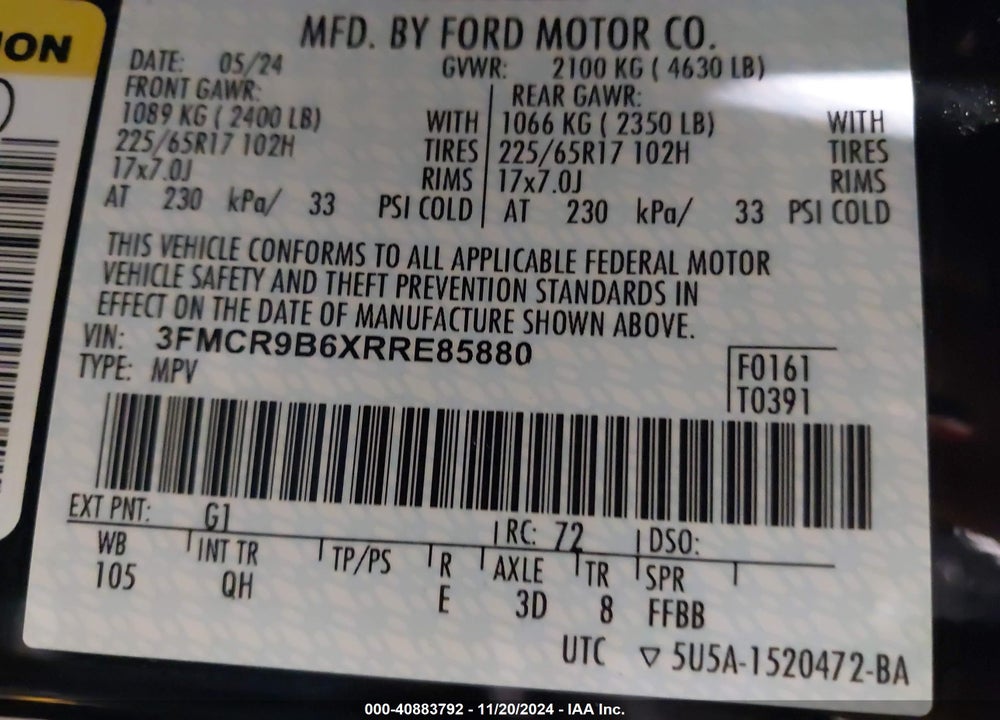 2024 FORD BRONCO SPORT BIG BEND VIN: 3FMCR9B6XRRE85880