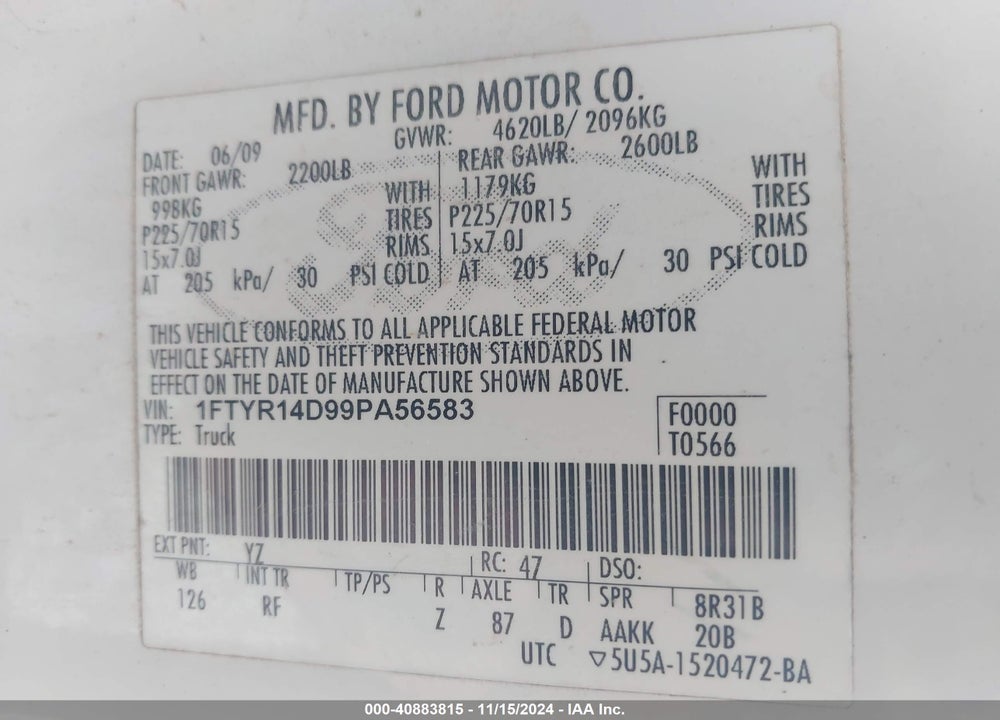 2009 FORD RANGER XL/XLT VIN: 1FTYR14D99PA56583