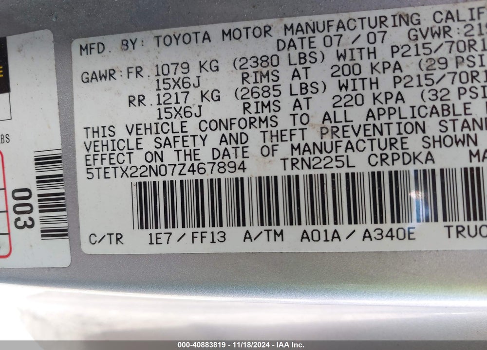 2007 TOYOTA TACOMA VIN: 5TETX22N07Z467894