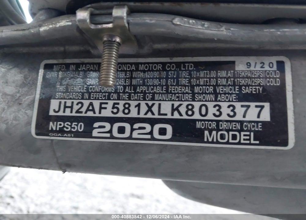 2020 HONDA NPS50 VIN: JH2AF581XLK803377