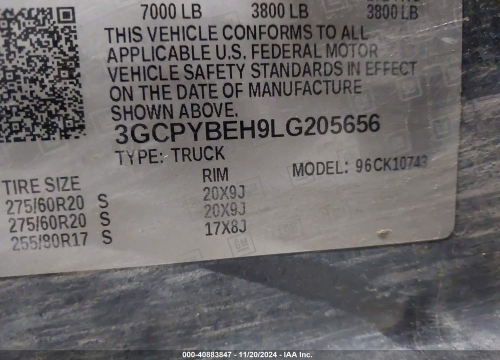 2020 CHEVROLET SILVERADO 1500 4WD STANDARD BED CUSTOM VIN: 3GCPYBEH9LG205656