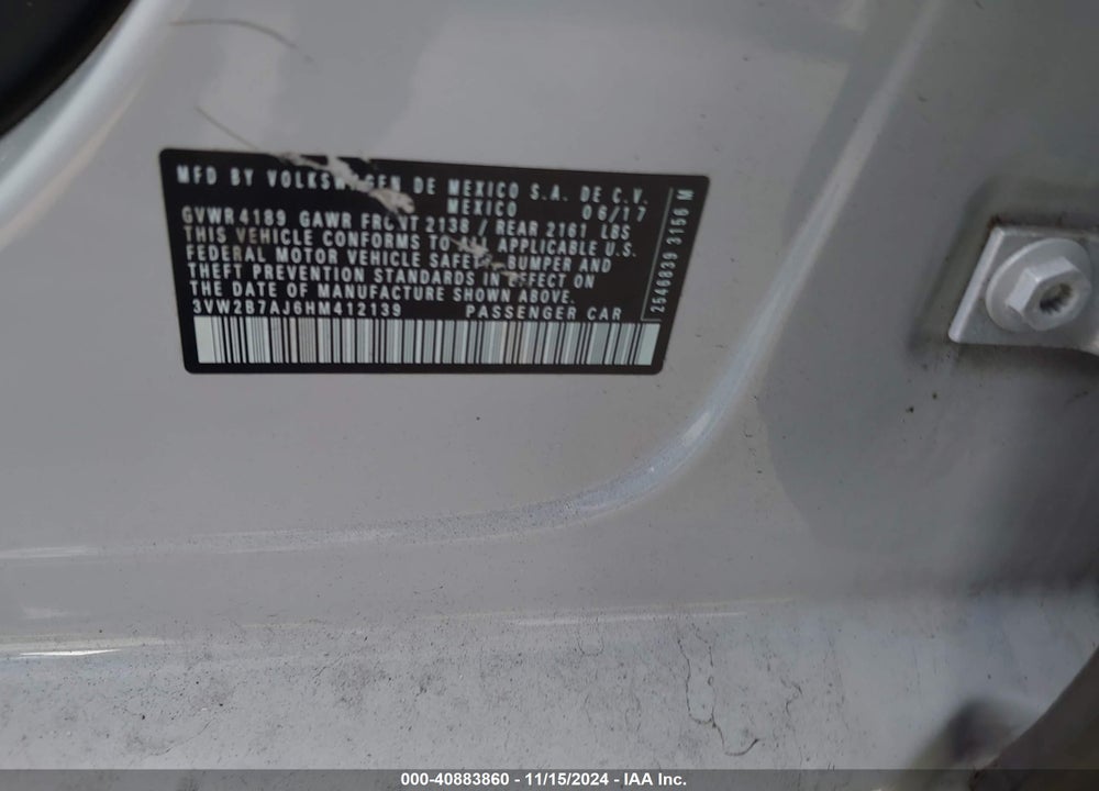 2017 VOLKSWAGEN JETTA 1.4T S VIN: 3VW2B7AJ6HM412139