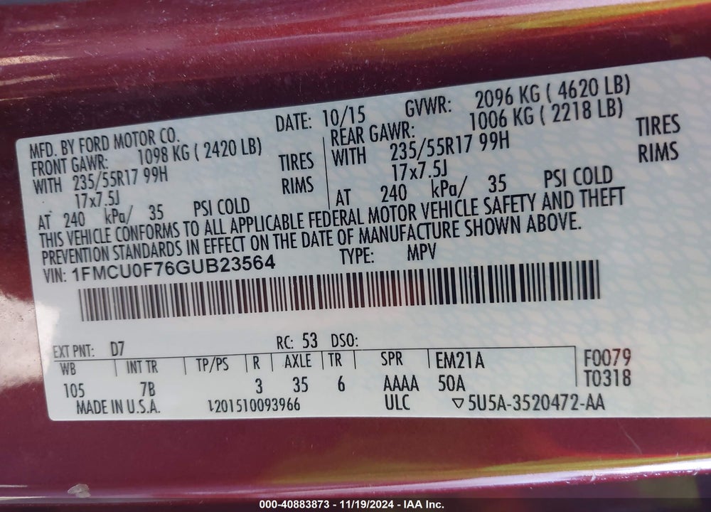 2016 FORD ESCAPE S VIN: 1FMCU0F76GUB23564
