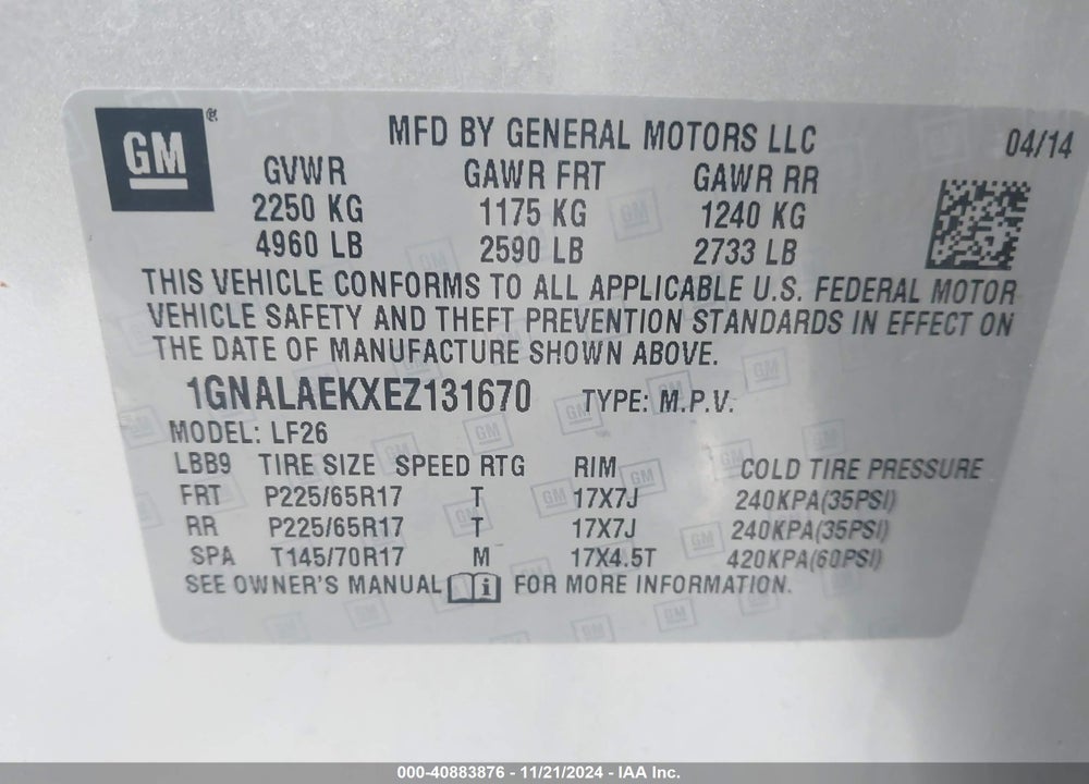 2014 CHEVROLET EQUINOX LS VIN: 1GNALAEKXEZ131670