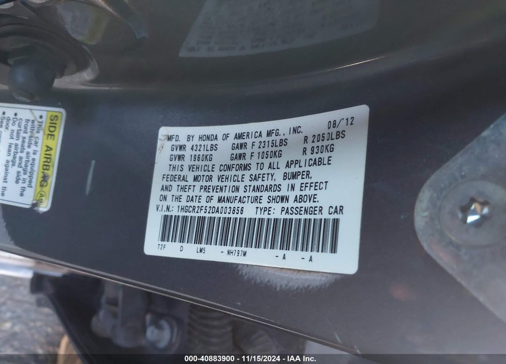 2013 HONDA ACCORD SPORT VIN: 1HGCR2F52DA003856