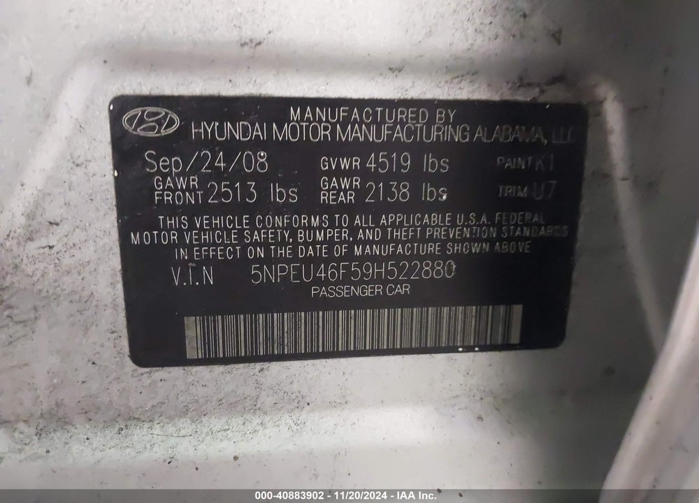 2009 HYUNDAI SONATA SE V6 VIN: 5NPEU46F59H522880