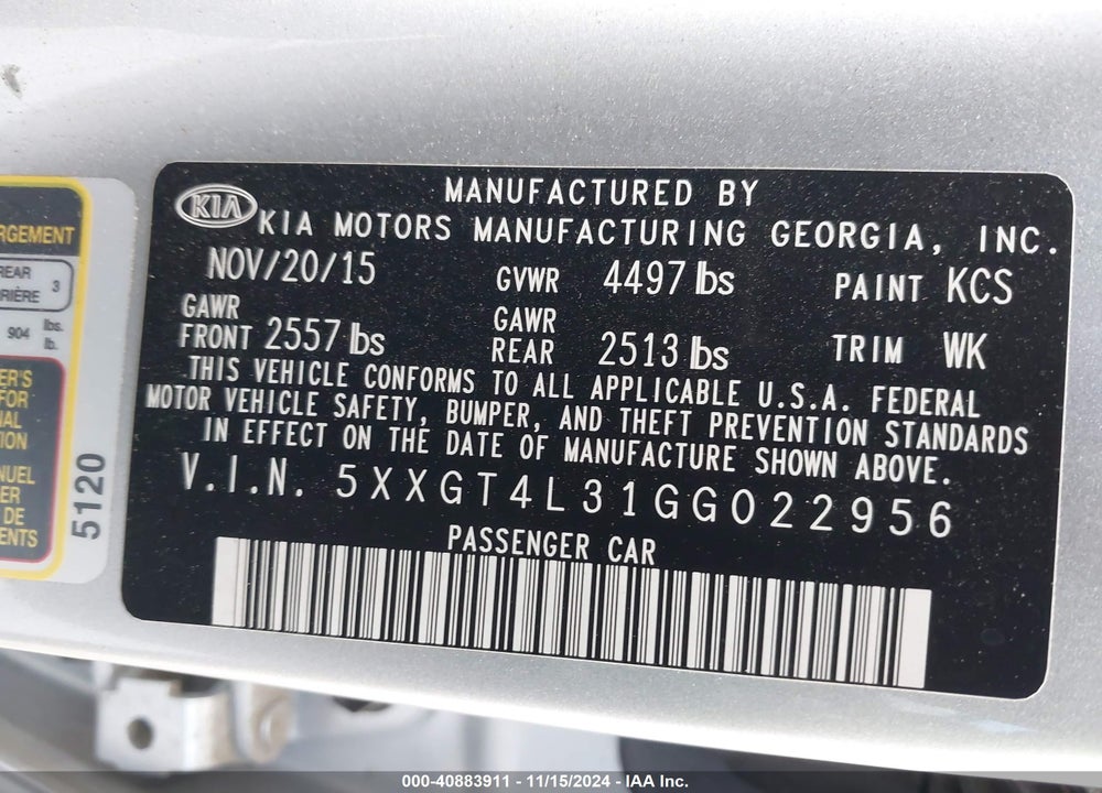2016 KIA OPTIMA LX VIN: 5XXGT4L31GG022956