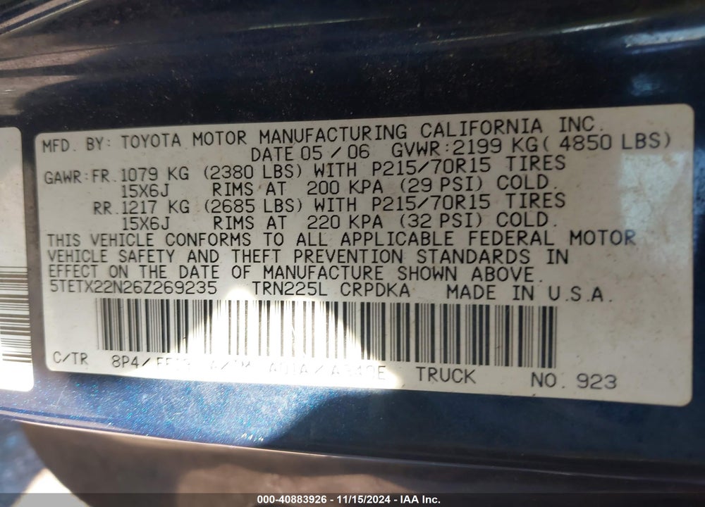 2006 TOYOTA TACOMA VIN: 5TETX22N26Z269235