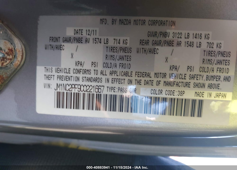 2012 MAZDA MX-5 MIATA GRAND TOURING VIN: JM1NC2PF9C0221667