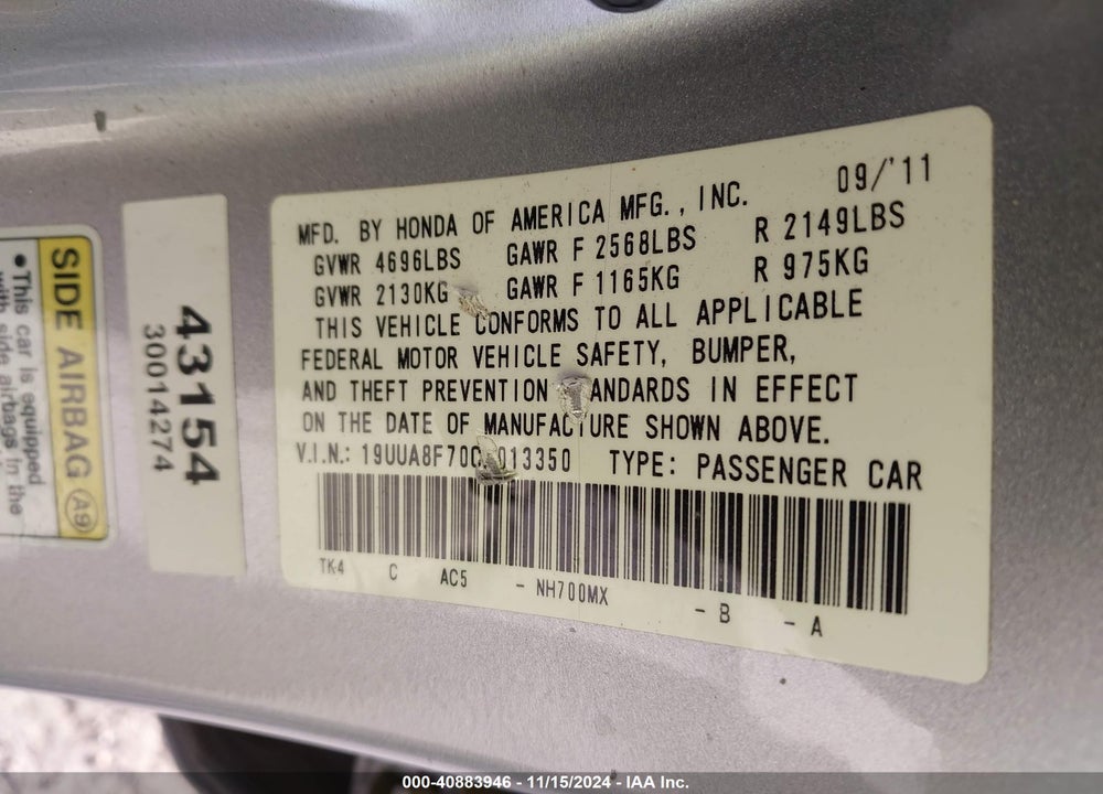2012 ACURA TL 3.5 VIN: 19UUA8F70CA013350