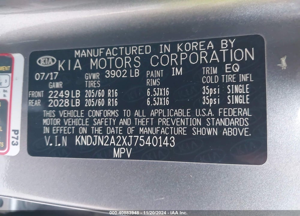 2018 KIA SOUL VIN: KNDJN2A2XJ7540143