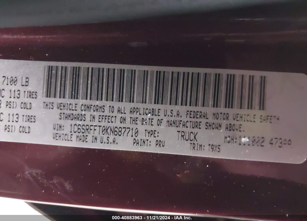 2019 RAM 1500 BIG HORN/LONE STAR 4X4 5'7 BOX VIN: 1C6SRFFT0KN687710