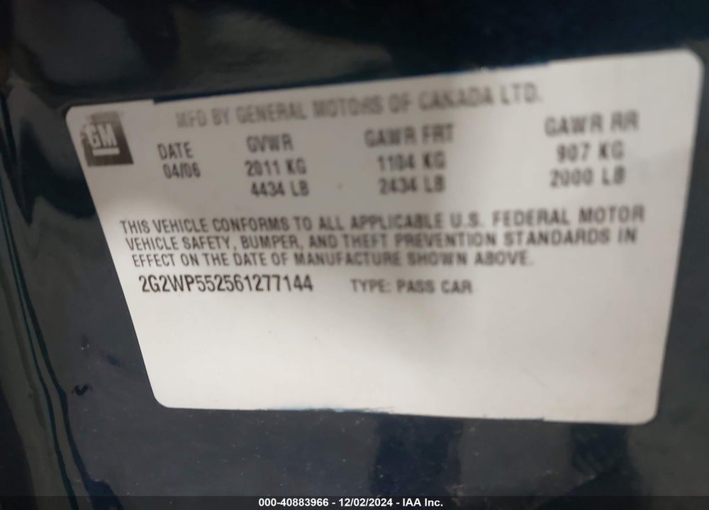 2006 PONTIAC GRAND PRIX VIN: 2G2WP552561277144