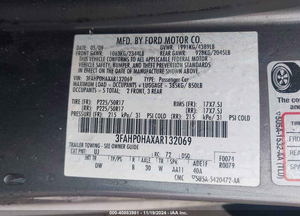 2010 FORD FUSION SE VIN: 3FAHP0HAXAR132069