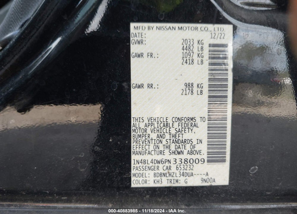 2023 NISSAN ALTIMA SV INTELLIGENT AWD VIN: 1N4BL4DW6PN338009