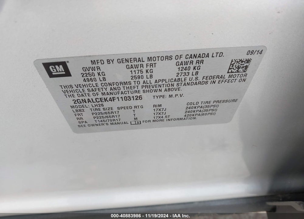 2015 CHEVROLET EQUINOX 2LT VIN: 2GNALCEK4F1103126