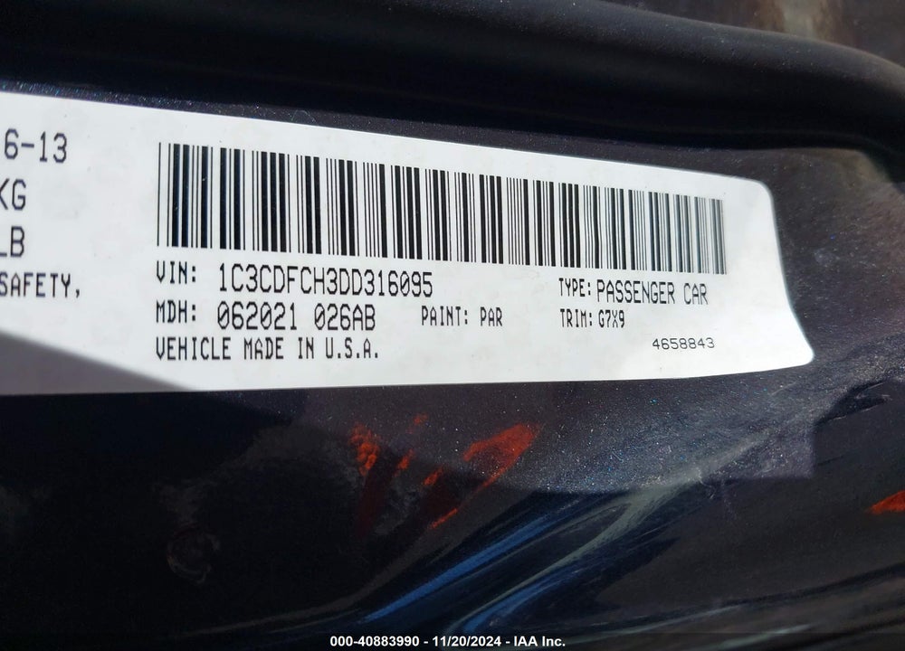 2013 DODGE DART LIMITED VIN: 1C3CDFCH3DD316095