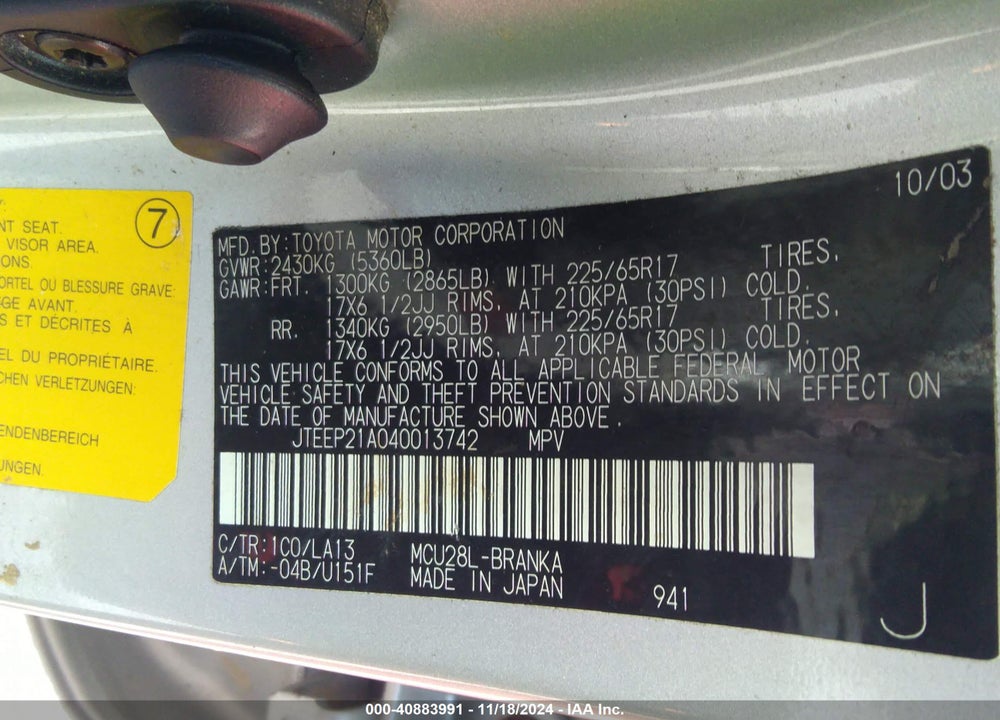 2004 TOYOTA HIGHLANDER LIMITED V6 VIN: JTEEP21A040013742