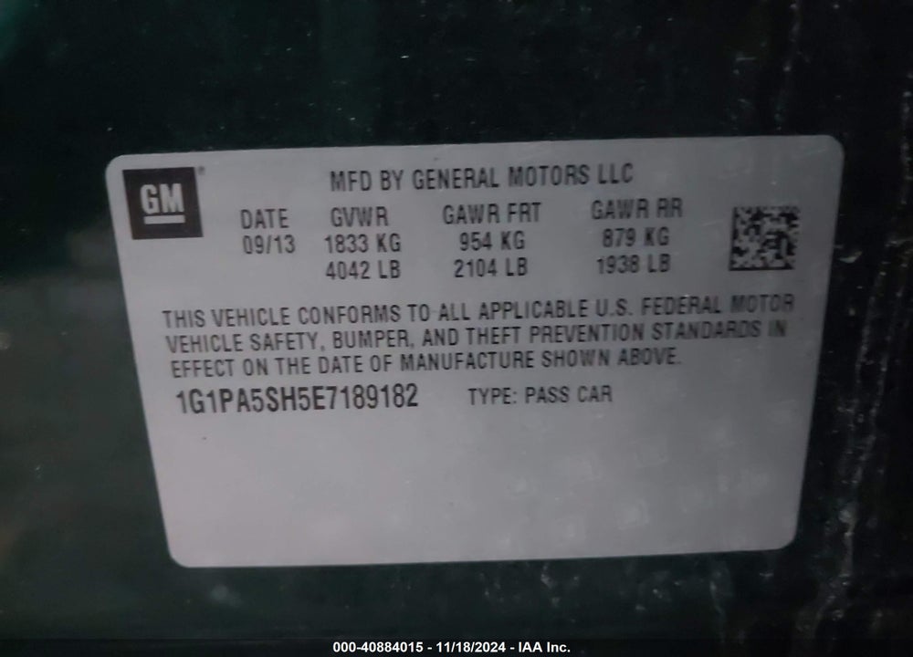 2014 CHEVROLET CRUZE LS AUTO VIN: 1G1PA5SH5E7189182
